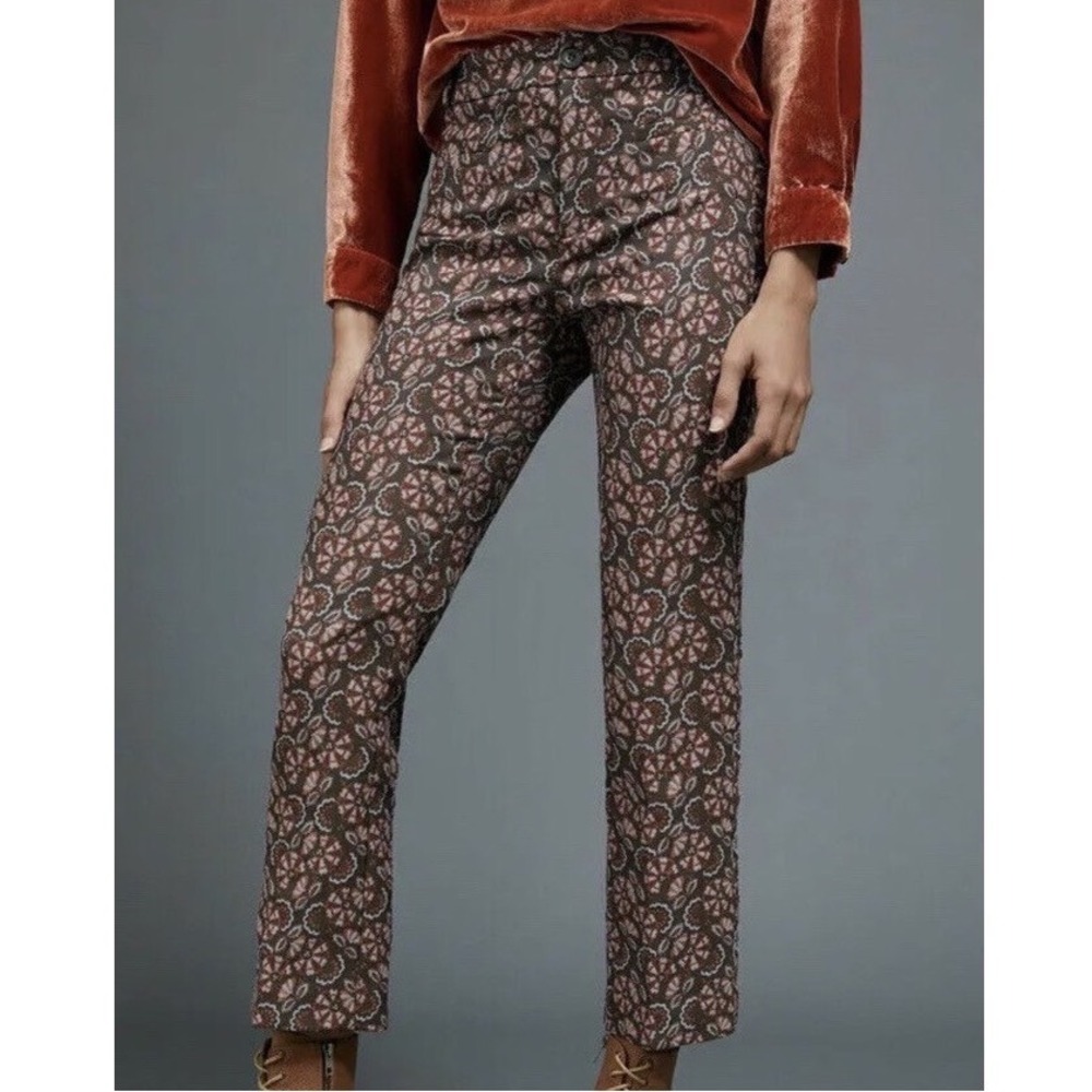 Anthropologie The Essential Slim Jacquard Floral Tapestry Pants Brown Pink 6